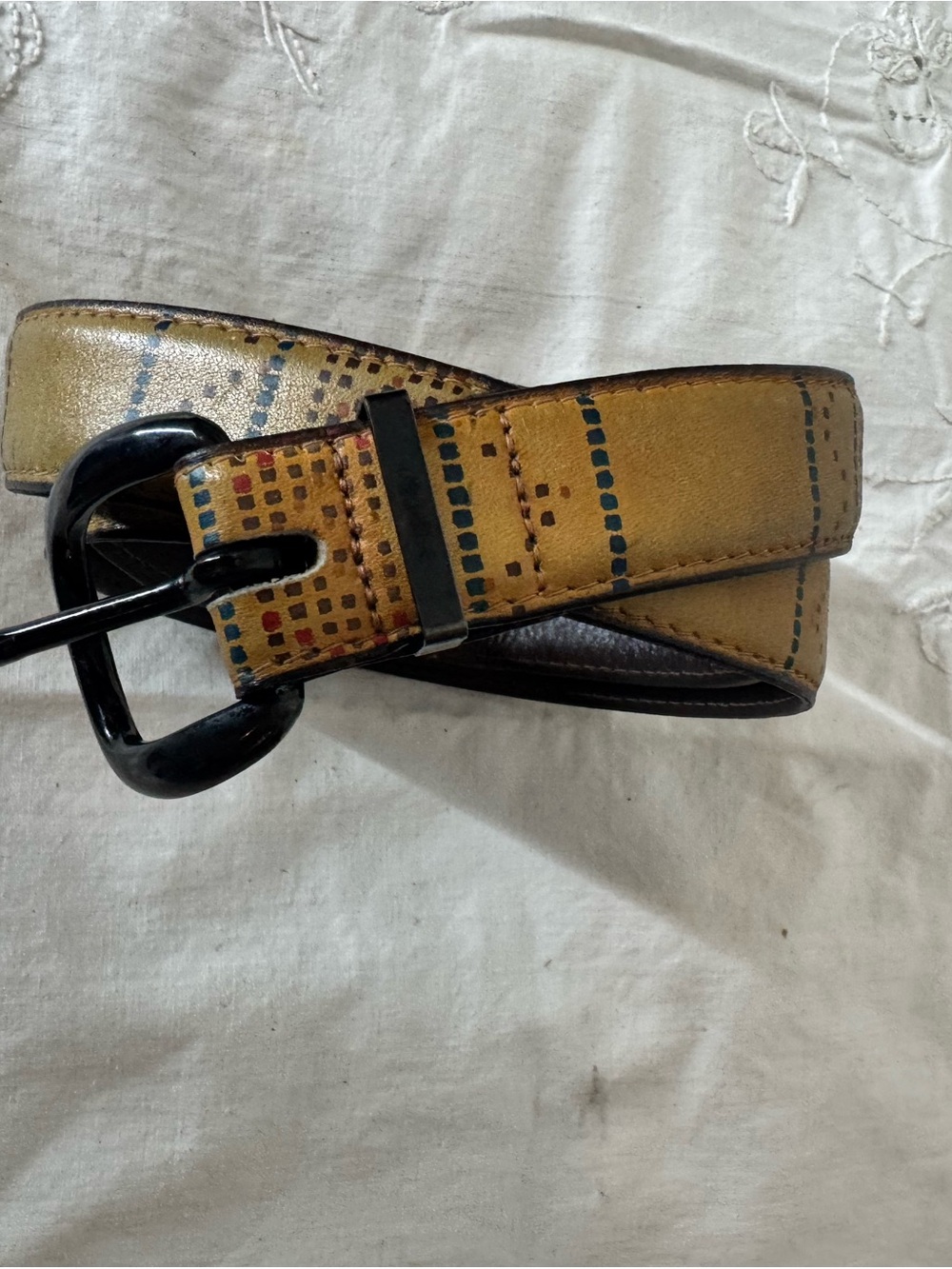 Vintage Just Jamie Yellow Painted Leather Belt with Multicolor Dotted Accents